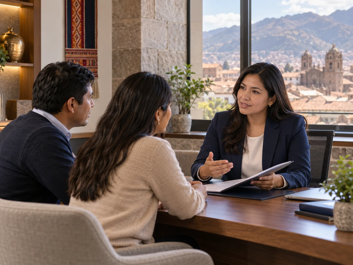 Conciliadora de PROCONCILIA orientando a dos personas en Cusco