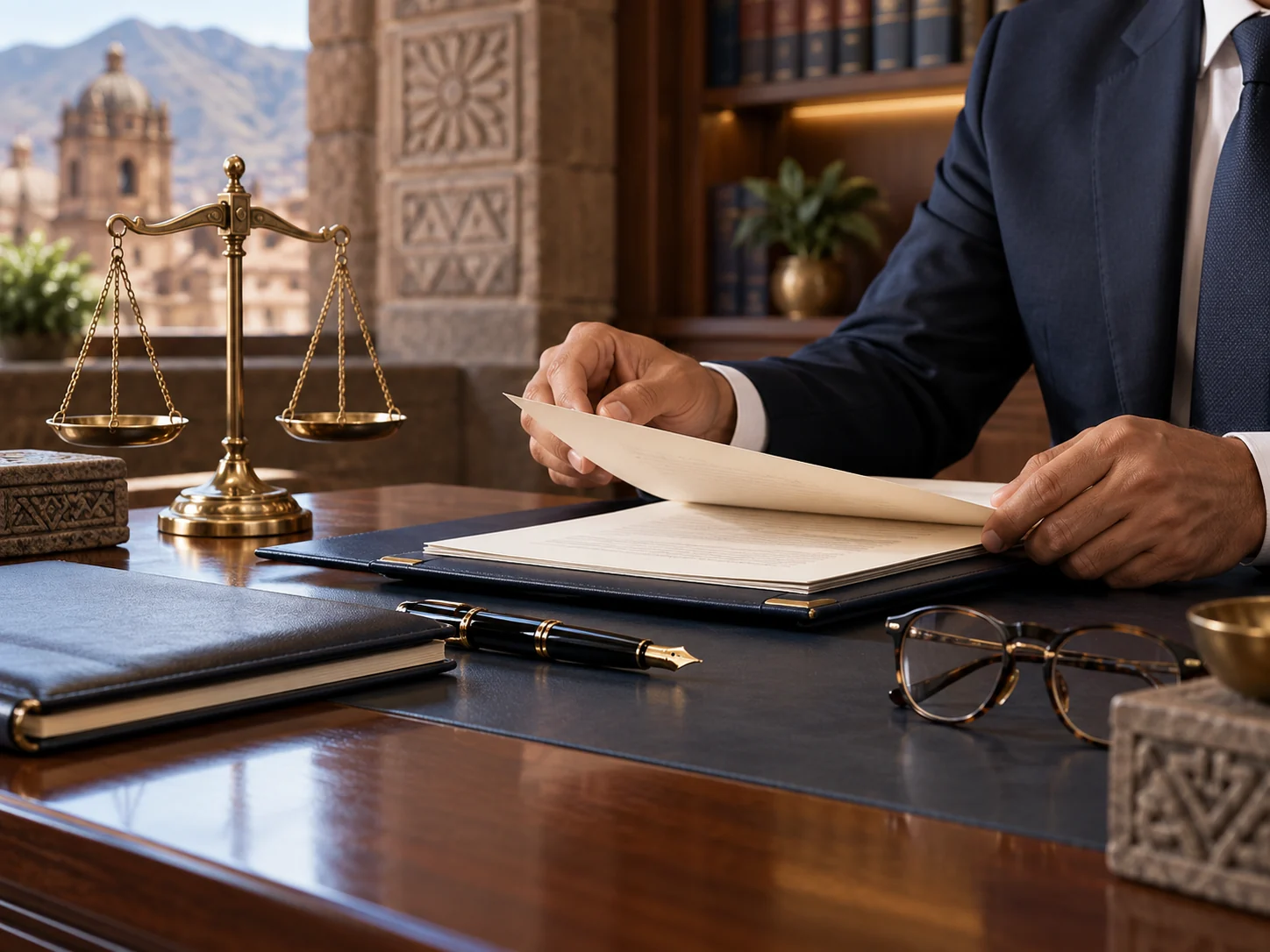 Documentación legal y balanza que representan el respaldo jurídico de la conciliación
